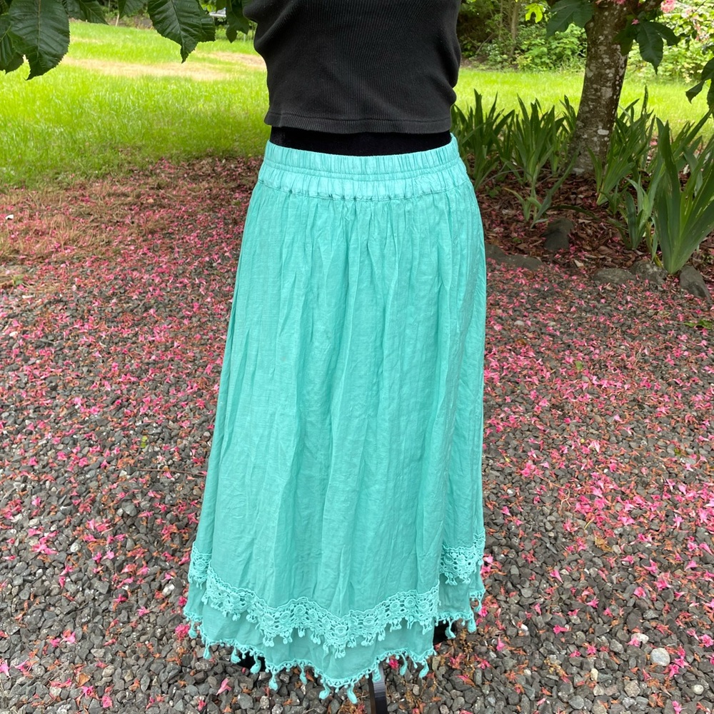 Vintage beach maxi skirt flowy teal blue